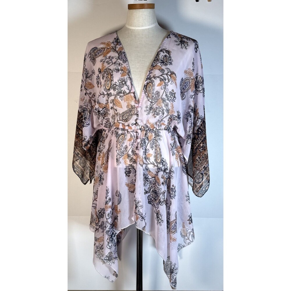 Free People Sheer Paisley Kimono Sleeve Tunic Top Blouse Pink S Cover-Up Medium
